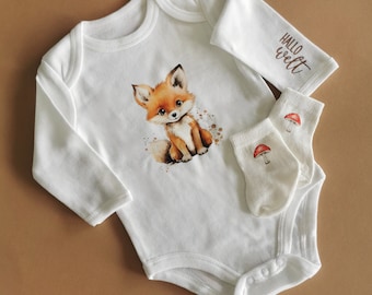 Babybody Neugeborenenbody mit süßem Fuchs Personalisiert, Geschenk zur Geburt, Hallo Welt