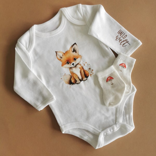 Babybody Neugeborenenbody mit süßem Fuchs Personalisiert, Geschenk zur Geburt, Hallo Welt