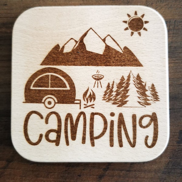 Campinguntersetzer aus Buchenholz 11x11cmx1cm, Wohnmobil, Camper, Untersetzer, Caravan, Camingliebe Geschenk