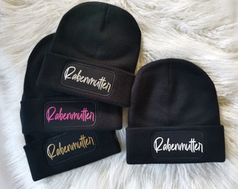 Patch beanie women's hat, winter hat, autumn hat, handmade, your statement "Rabenmutter", hat with saying