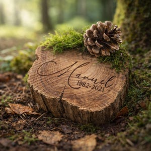 Könnte beinhalten: Eine kreisförmige Holzscheibe mit der eingravierten Inschrift Manuel und den Jahren 1982-2021 in Schreibschrift. Die Oberfläche ist mit einem braunen Kiefernzapfen und grünem Moos verziert, was die natürliche Holzmaserung hervorhebt.