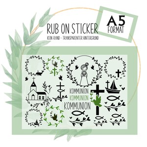 16 Sticker Rub-On Tattoo Kommunion A5 z.B. f. Raysin, Glas, Kunststoff, Holz für Einladung, Danksagung, Geschenk, Andenken, Fotobuch