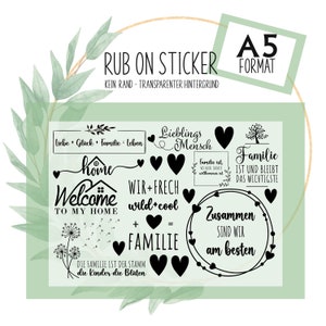 Rub-On Sticker Tattoo Home Familie Spruch A5 z.B. f. Raysin, Glas, Kunststoff, Holz,  Home sweet Home, Willkommen für dein DIY Projekt
