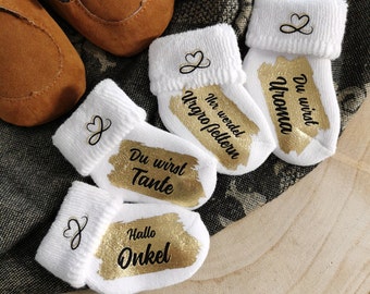 Schwangerschaft verkünden DELUXE , Babysocke weiß gold silber, Personalisiert du wirst Oma Opa Onkel Tante