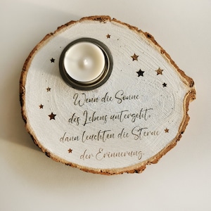 Remembrance light, mourning light, mourning, handmade, candle holder as a tree disc with laser engraving