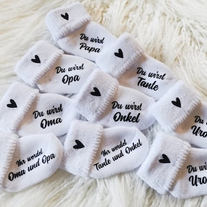 Announce pregnancy, baby sock white, personalized you will be grandma grandpa uncle aunt, sock edge with heart