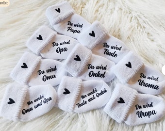 Announce pregnancy, baby socks white, personalized you will grandma grandpa uncle aunt, sock edge with heart