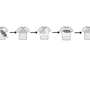 May include: A five-step illustration showing how to iron on a design to a t-shirt. The steps show the iron being placed on the design, the design being pressed onto the shirt, the design being peeled off, and the finished product.