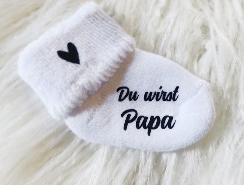 Announce pregnancy, baby sock white, personalized you will be grandma grandpa uncle aunt, sock edge with heart image 3