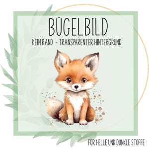Könnte beinhalten: Eine niedliche Fuchs-Illustration mit transparentem Hintergrund, perfekt für Bügelbilder. Das Bild ist mit "Bügel Bild" und "Kein Rand - Transparenter Hintergrund" beschriftet.