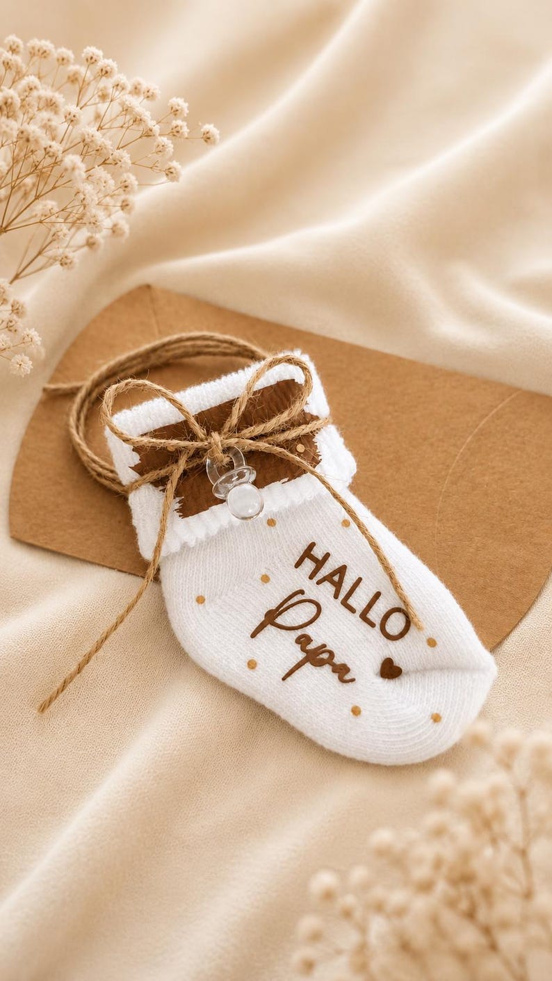 Babysocke weiß Baumwolle personalisiert - Geschenk zur Schwangerschaftsverkündung  Geschenk Großeltern  Baby Ankündigung