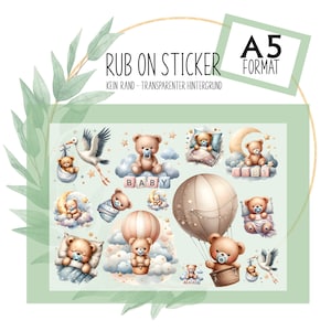 Rub-On Sticker Tattoo Baby Bär blau Junge Motive A5 z.B. f. Raysin, Glas, Kunststoff, Holz