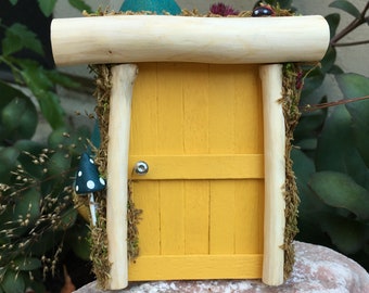 Golden Yellow Fairy Door with a Mushroom and Ladybug