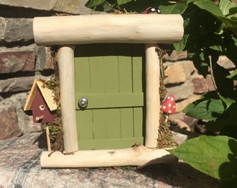 Sage Green Fairy Door with a Birdhouse, a Mushroom, and a Ladybug