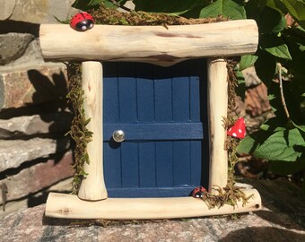 Dark Blue Fairy Door with Ladybugs and a Mushroom