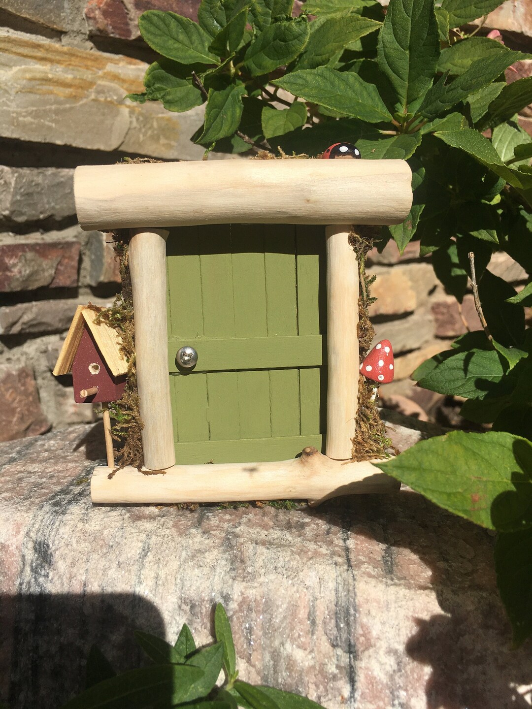 Sage Green Fairy Door With a Birdhouse, a Mushroom, and a Ladybug - Etsy