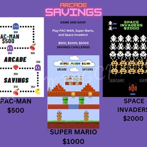 Arcade Savings Pack Challenge, Pac-Man Savings, Game Savings Challenge, SuperMario Savings, Bingo Savings, 500Savings, 1000Savings, Savings
