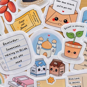 May include: A collection of colourful stickers with Islamic themes. The stickers feature illustrations of a mosque, a pea pod, a plant, a book, a milk carton, a box of juice, and a letter. The stickers also include text in Arabic and English, such as "Sabr dear friend, you've got this" and "Reminder: Sometimes talking to Allah is all you need."