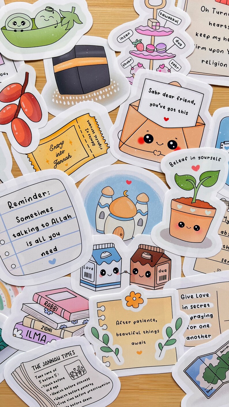 May include: A collection of colourful stickers with Islamic themes. The stickers feature illustrations of a mosque, a pea pod, a plant, a book, a milk carton, a box of juice, and a letter. The stickers also include text in Arabic and English, such as "Sabr dear friend, you've got this" and "Reminder: Sometimes talking to Allah is all you need."