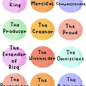 May include: Nine colorful circles with white outlines, each containing a phrase describing God in Islam. The phrases are "The King", "The Merciful", "The Compassionate", "The Producer", "The Creator", "The Proud", "The Extender of Rizq", "The Withholder", "The Omniscient", "The Benevolent", "The Just", and "The Arbitrator".