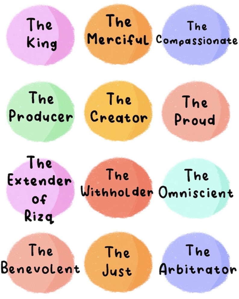 May include: Nine colorful circles with white outlines, each containing a phrase describing God in Islam. The phrases are "The King", "The Merciful", "The Compassionate", "The Producer", "The Creator", "The Proud", "The Extender of Rizq", "The Withholder", "The Omniscient", "The Benevolent", "The Just", and "The Arbitrator".