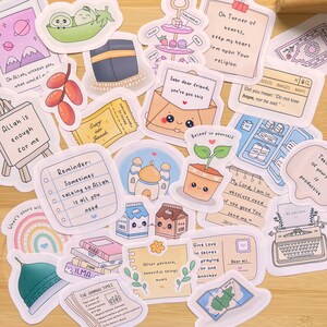 May include: A collection of colourful stickers with Islamic themes and inspirational quotes. The stickers feature illustrations of mosques, food, and other symbols of Islam. Some of the quotes include "Allah is enough for me", "Sometimes talking to Allah is all you need", and "Sabr dear friend, you've got this".