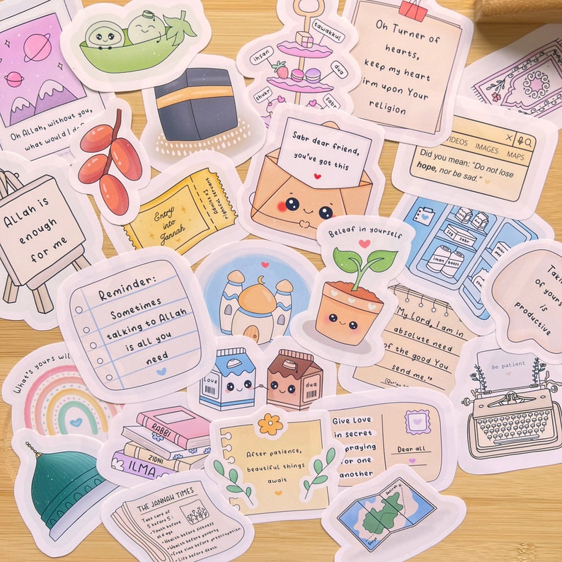 May include: A collection of colourful stickers with Islamic themes and inspirational quotes. The stickers feature illustrations of mosques, food, and other symbols of Islam. Some of the quotes include "Allah is enough for me", "Sometimes talking to Allah is all you need", and "Sabr dear friend, you've got this".