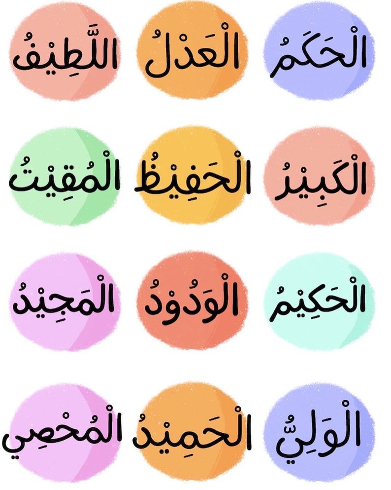 May include: Nine colorful circles with Arabic text in black. The text in each circle reads: "al-khdm", "al-ghdl", "al-tlnf", "al-khdna", "al-jhnf", "al-knd", "al-khdm", "al-rwnd", "al-jhn", "al-wly", "al-jhn", "al-mghry".