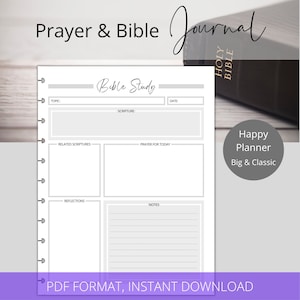 May include: A printable Happy Planner page designed for Bible study and prayer. The page includes sections for topic, scripture, related scriptures, prayer for today, reflections, and notes.