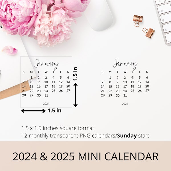 2024 & 2025 Monthly Mini PNG Calendar, Digital Sticker for Digital Planner, Transparent Mini Clip Art DIY Calendar