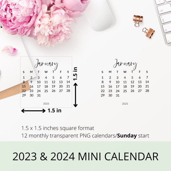 2023 & 2024 PNG Calendar For Digital Planner | Transparent Monthly 1.5 x 1.5 inch Printable Mini Calendar For Instant Download