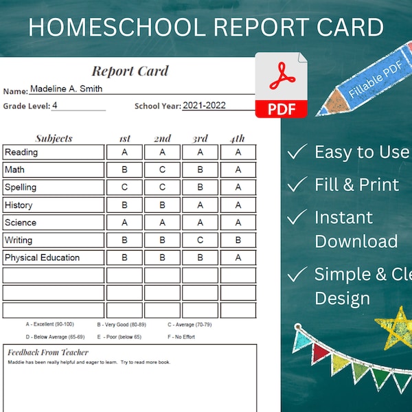 Fillable Printable Homeschool Report Card, Grade Tracker for Homeschooler, Kids Grade Report for Teacher and Parents