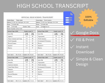 High School Transcript Homeschool Transcript Report Card Fillable