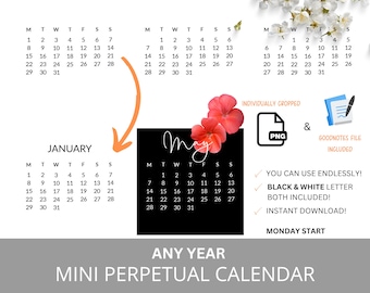 Pegatinas de mini calendario perpetuo: blanco y negro, planificador digital (PNG y GoodNotes)
