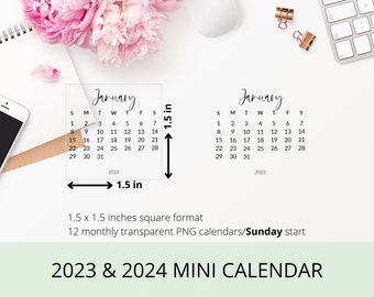 2023 & 2024 PNG Calendar For Digital Planner | Transparent Monthly 1.5 x 1.5 inch Printable Mini Calendar For Instant Download