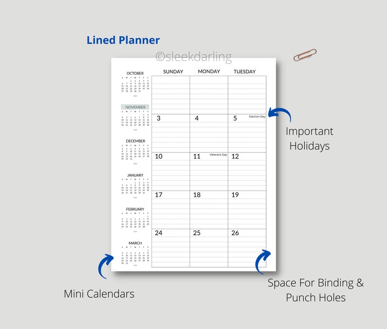 2025-2025 Monthly Planner Printable, Lined 2-page Spread, at a Glance, Organizational Tool 