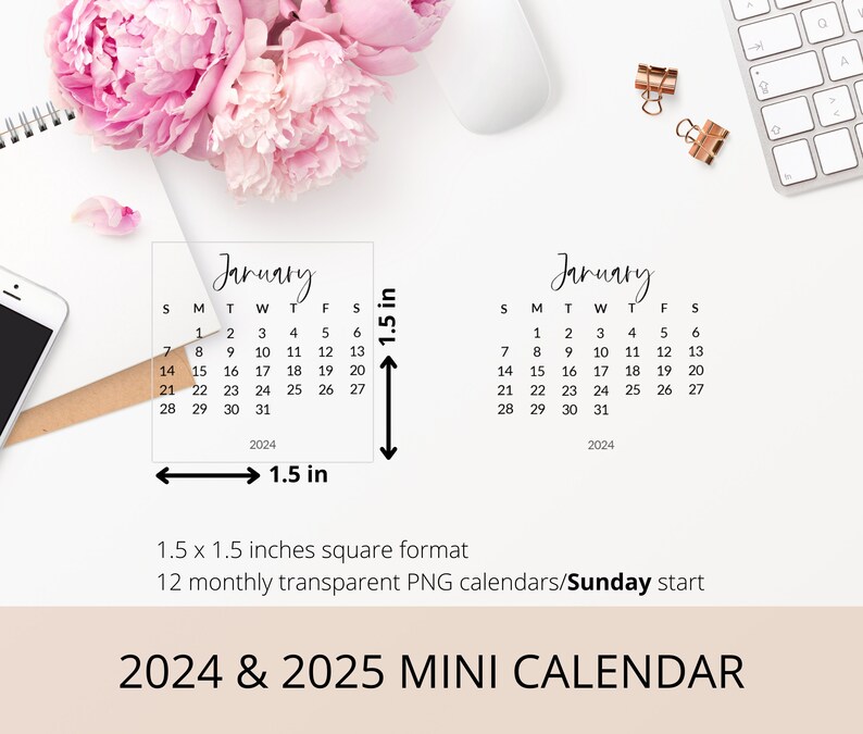 2024 & 2025 Monthly Mini PNG Calendar, Digital Sticker for Digital