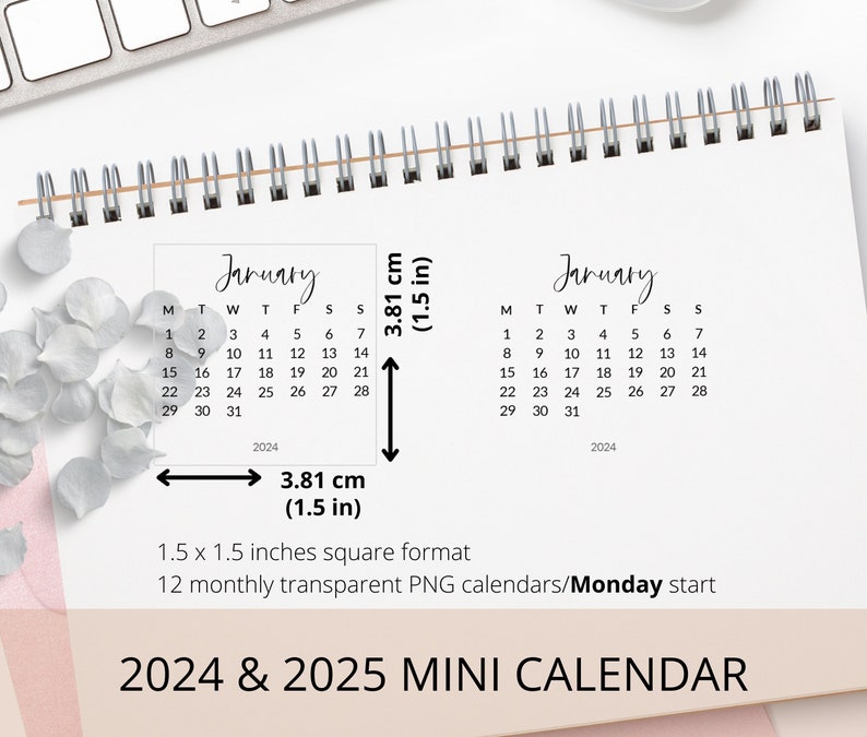 2024 & 2025 Monthly Mini PNG Calendar, Digital Sticker Calendar