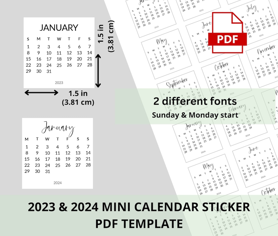 2023 & 2024 Mini Calendar Sticker Template Monthly Planner Monday and