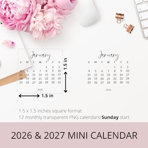 Calendario mensual mini PNG 2026 y 2027, adhesivo digital para planificador digital, calendario mini transparente para hacer tú mismo.
