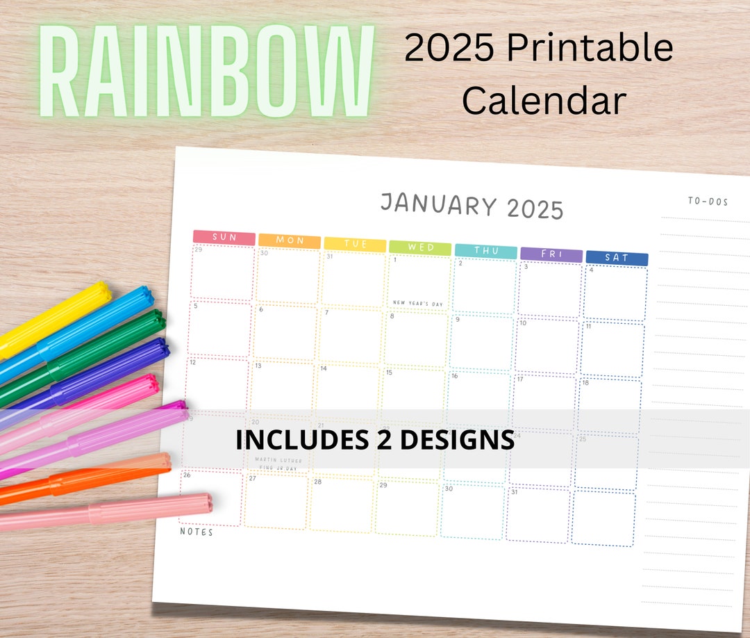 Printable Colorful Rainbow 2025 Monthly Calendar With to Do List, Notes Desk Calendar for Kids