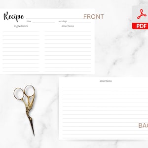 Plantilla imprimible de tarjeta de recetas Tarjeta de recetas mínima simple Impresión en formato PDF en 4 x 6, 5 x 7
