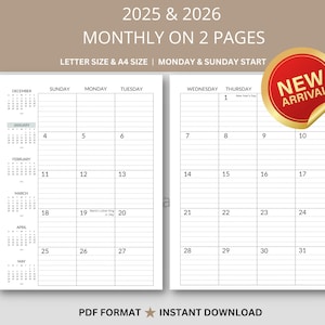 Calendario mensual imprimible 2025-2026 / Planificador rayado / Tamaño carta A4 / Inicio domingo-lunes / Descarga instantánea