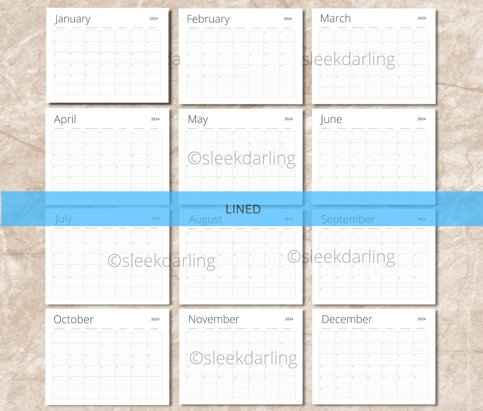 Printable 2024 & 2025 Monthly Calendar Blank and Lined Monday and ...