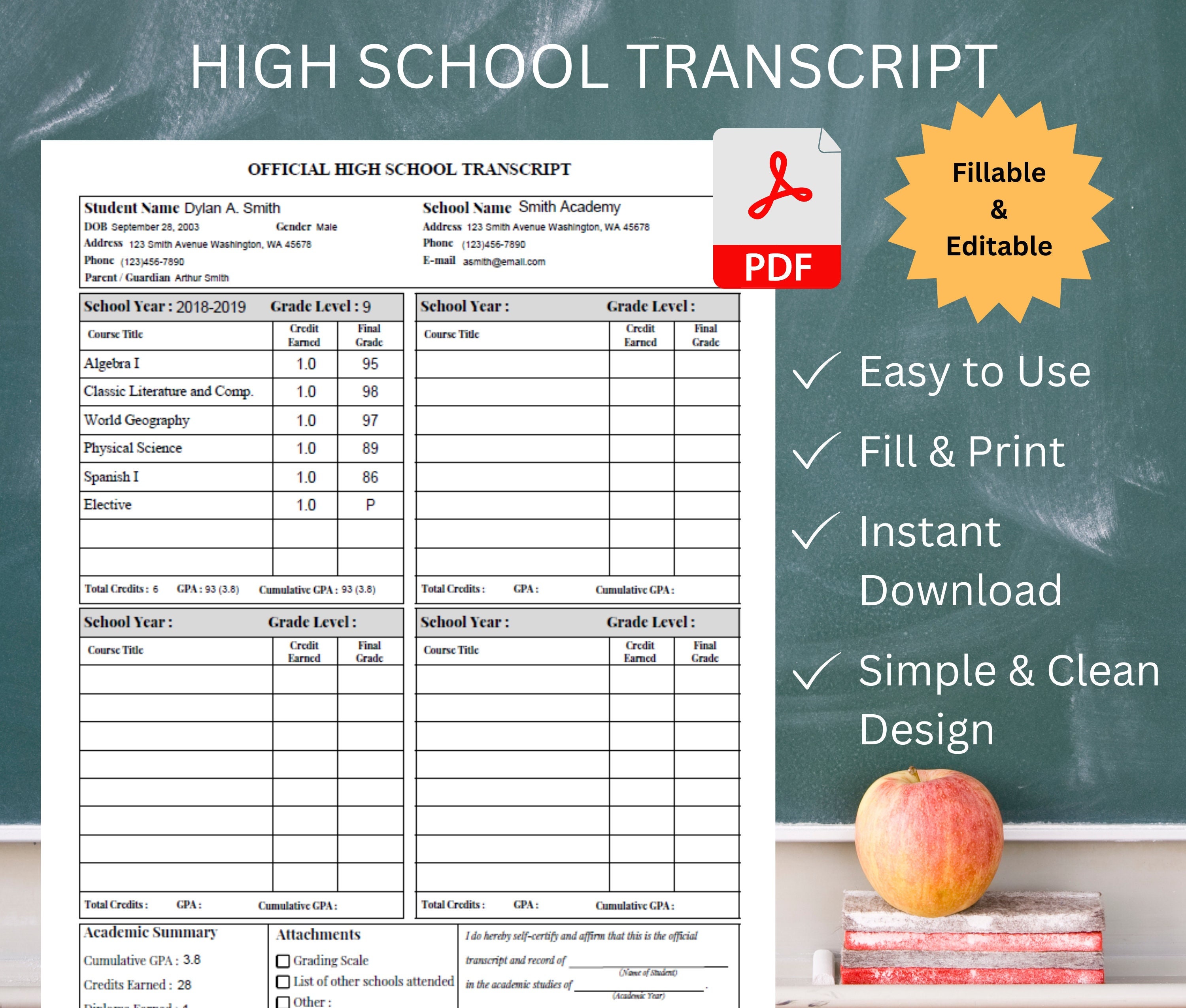Fillable Printable High School Transcript Template, Homeschool Report ...
