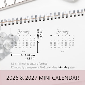 Puede incluir: Un calendario blanco con espiral con una página de enero de 2026. El calendario mide 3,81 cm x 3,81 cm y presenta un diseño minimalista. El texto "2026 & 2027 MINI CALENDAR" está en la parte inferior.