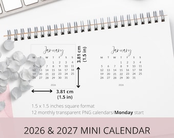 2026-2027 Mini Calendar PNG, Digital Stickers (Monday Start) (Digital Download)