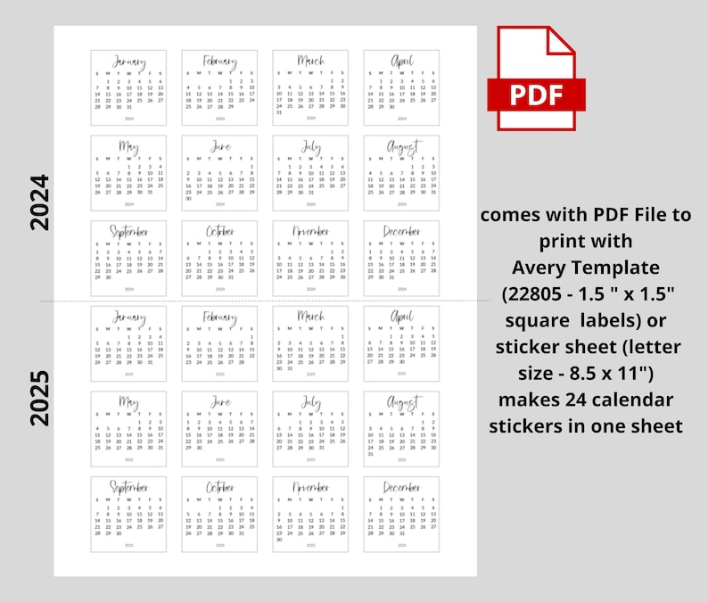 2024 & 2025 Mini Calendar Sticker Template Monthly Planner Monday and