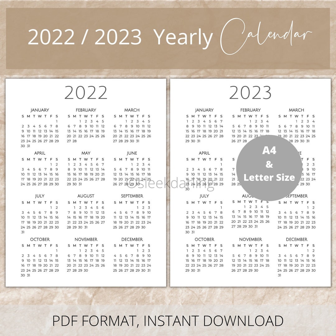 2022 2023 Printable Yeary Calendar for A4 Letter Size - Etsy
