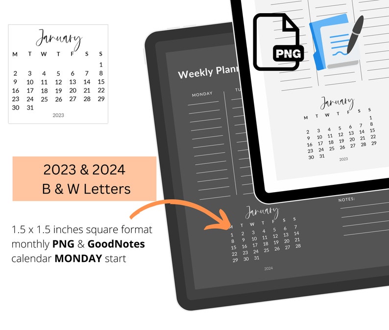 Digital Mini Calendar 2023 2024 Digital Planner Stickers for Goodnotes